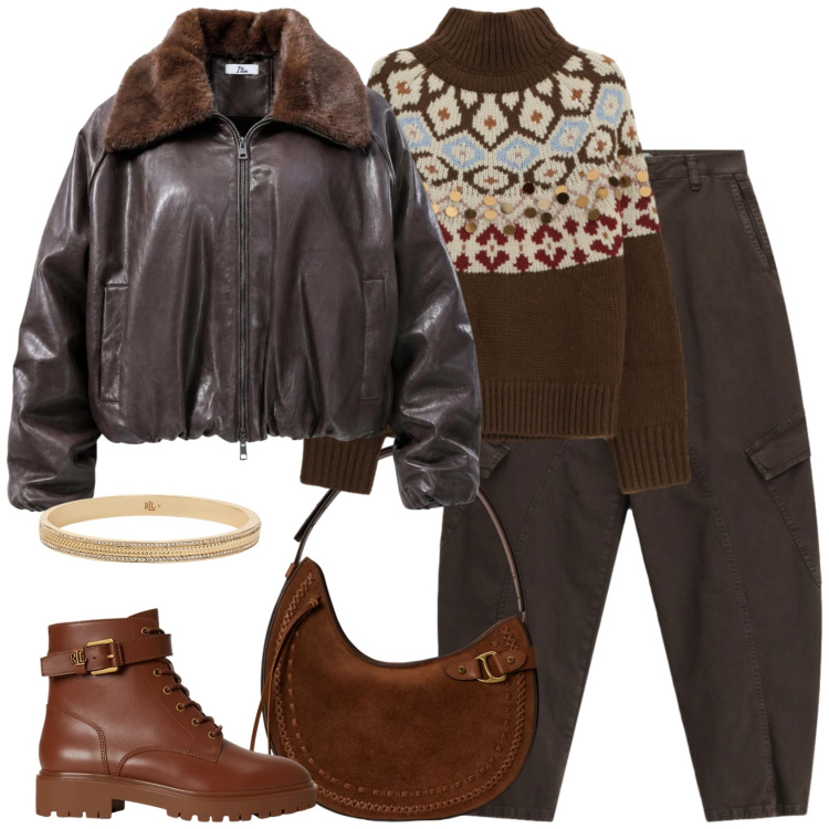 Outfit donna - Gorpcore. Stile Military per Scuola/Università. Abbinamento con bomber, pantaloni cargo, borse a spalla, anfibi, braccialetti, pullovers.