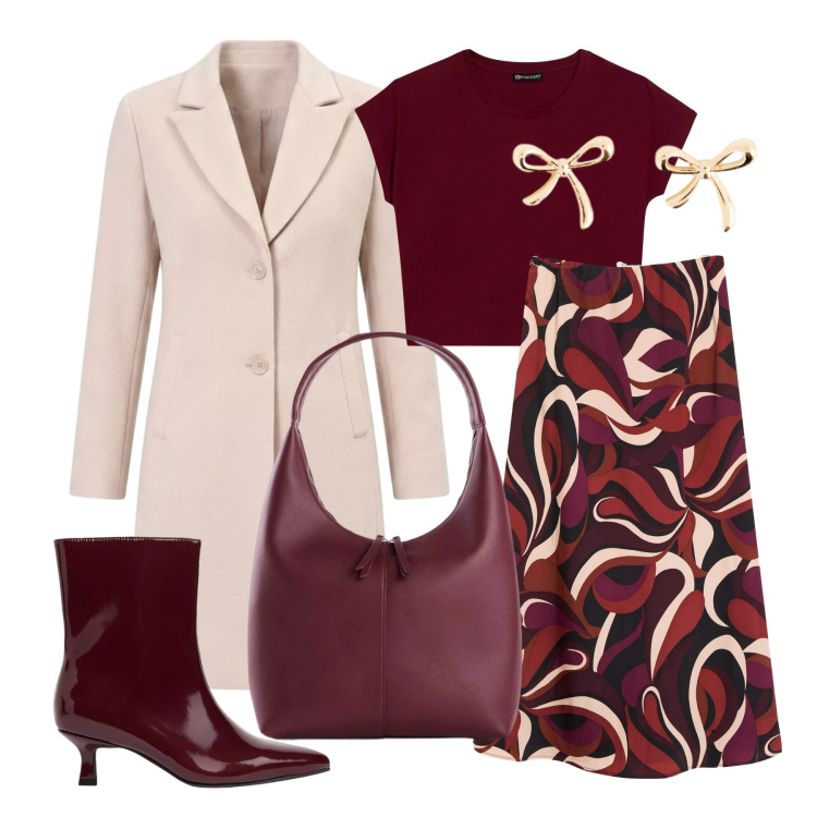 Outfit donna - Ottobre. Stile Chic per Tutti i giorni. Abbinamento con t-shirt, cappotti, gonne longuette, stivaletti, orecchini, borse a mano.