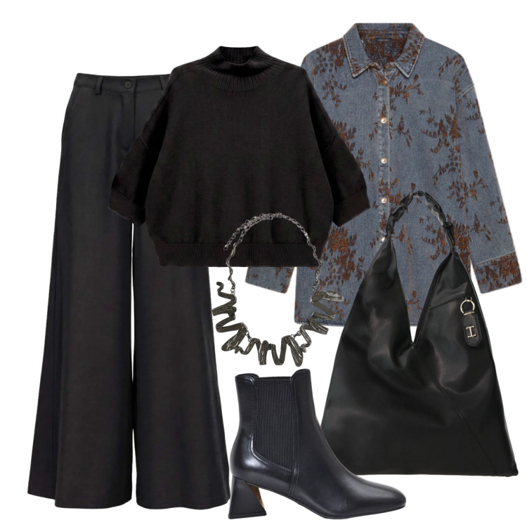 Outfit donna - Ottobre. Stile Casual chic per Tutti i giorni. Abbinamento con pantaloni a palazzo, borse a spalla, maglieria, cappotti, ciondoli, stivaletti.