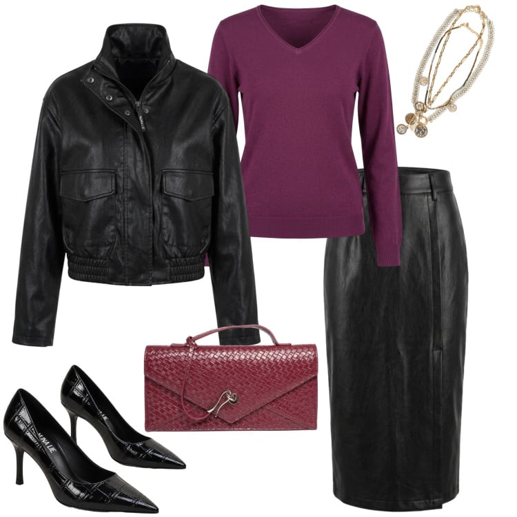 Outfit donna - Oroscopo scorpione. Stile Casual chic per Serata fuori. Abbinamento con bomber, gonne longuette, clutch, maglieria, collane, décolleté.
