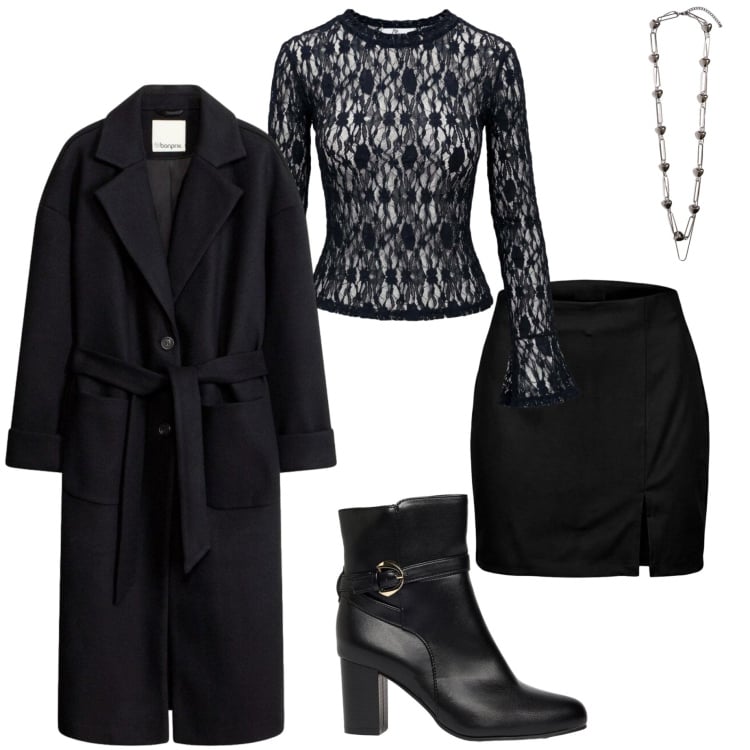 Outfit donna - Total black. Stile Casual chic per Serata fuori. Abbinamento con minigonne, top, collane, cappotti, stivaletti.