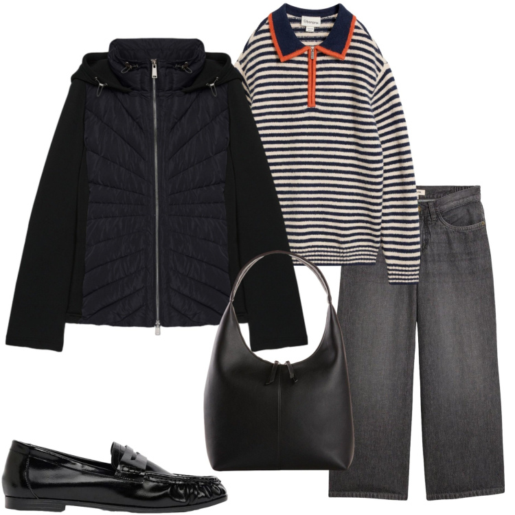 Outfit donna - Tutti i giorni. Stile Urban per Tutti i giorni. Abbinamento con piumini, jeans, maglieria, mocassini, borse a mano.