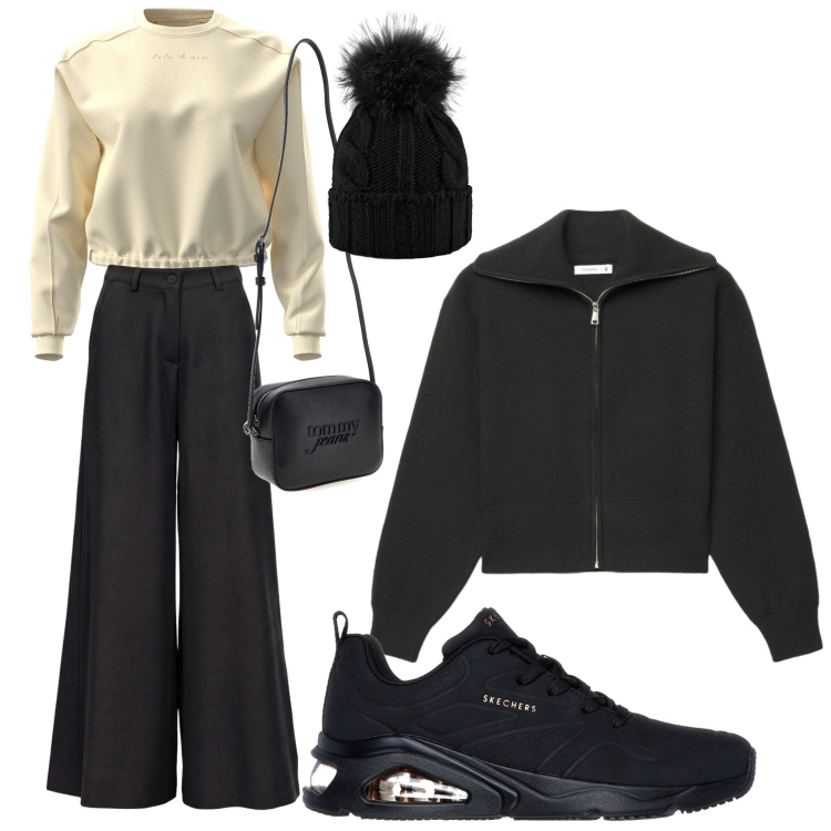 Outfit donna - Urban. Stile Glamour per Tutti i giorni. Abbinamento con pantaloni a palazzo, berretti, felpe, felpe, sneakers, borse a tracolla.