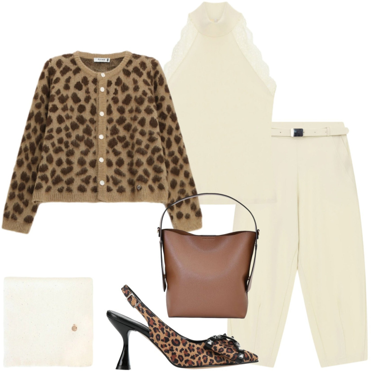 Outfit donna - Total look #2498554. Stile Chic per Serata fuori. Abbinamento con pantaloni, top, cardigans, borse a mano, sciarpe, décolleté.