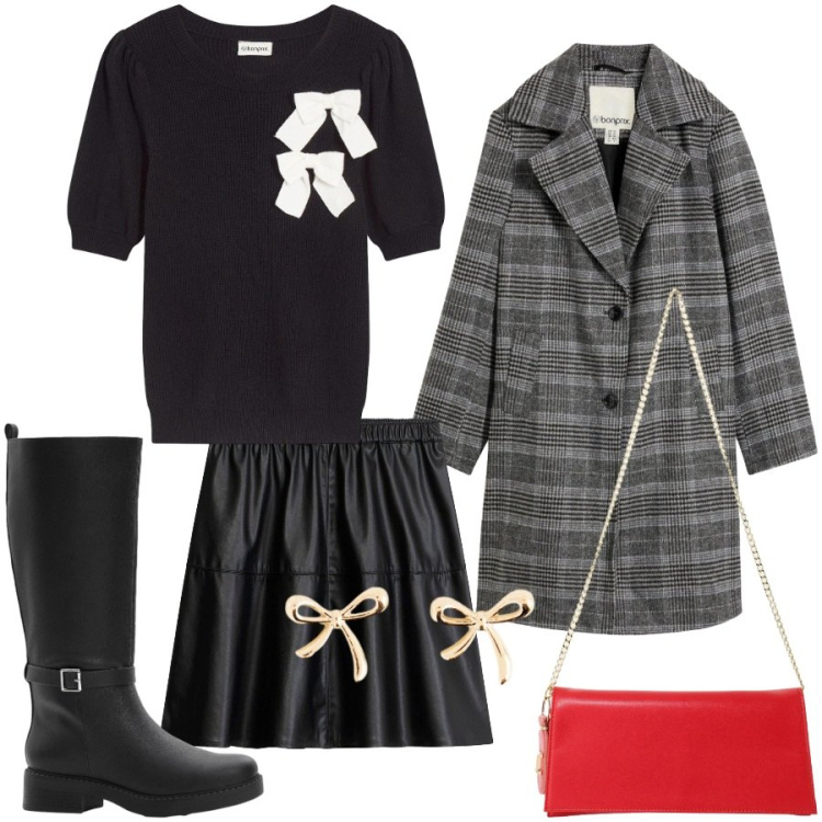 Outfit donna - Appuntamento. Stile Romantica per Serata fuori. Abbinamento con borse a tracolla, stivali, maglieria, cappotti, orecchini, minigonne.