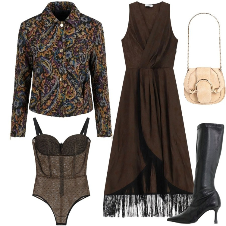 Outfit donna - Serata evento. Stile Chic per Cerimonia. Abbinamento con cappotti, stivali, body, vestiti midi/longuette, marsupi.
