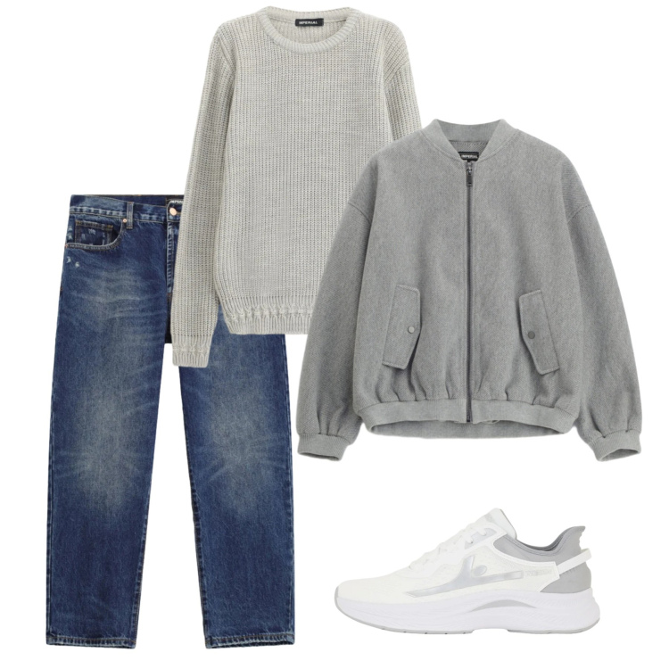 Outfit uomo - Ottobre. Stile Casual per Tutti i giorni. Abbinamento con maglieria, bomber, jeans dritti, sneakers.