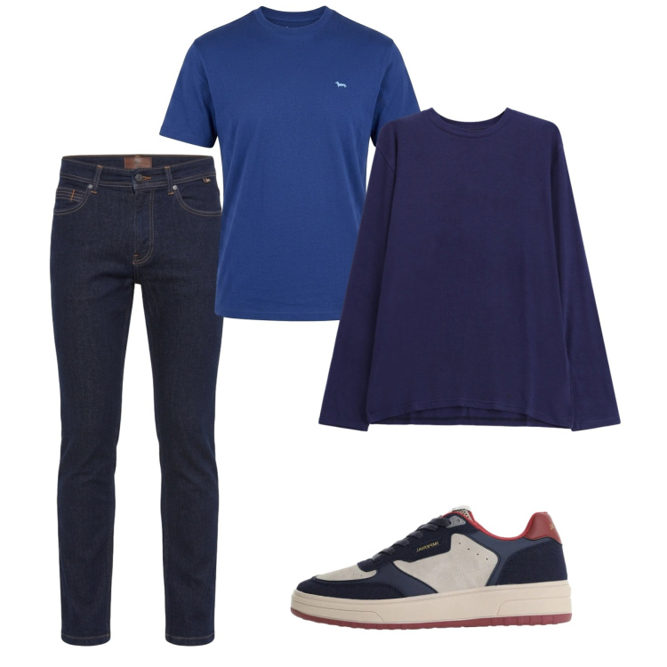 Outfit uomo - Ottobre blu. Stile Casual per Tutti i giorni. Abbinamento con t-shirt, jeans, sneakers, t-shirt.