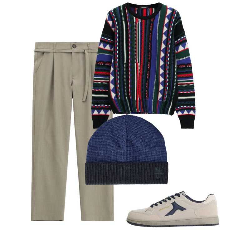 Outfit uomo - Ottobre. Stile Casual per Tutti i giorni. Abbinamento con berretti, maglieria, sneakers, pantaloni.