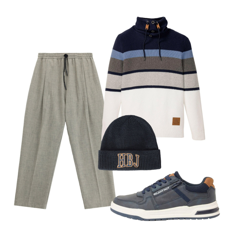 Outfit uomo - Ottobre. Stile Casual per Tutti i giorni. Abbinamento con berretti, pantaloni, maglieria, sneakers.