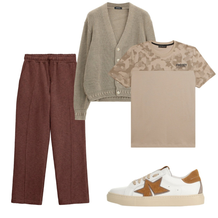 Outfit uomo - Ottobre. Stile Casual per Tutti i giorni. Abbinamento con sneakers, cardigans, pantaloni, t-shirt.