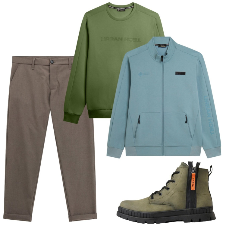 Outfit uomo - Ottobre. Stile Trendy per Tutti i giorni. Abbinamento con pantaloni, felpe, felpe, stivali e stivaletti.