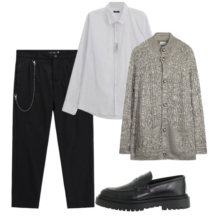 Outfit uomo - Serata informale. Stile Casual per Serata speciale. Abbinamento con camicie, scarpe stringate, pantaloni, cardigans.