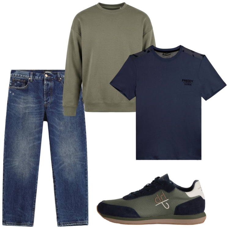 Outfit uomo - Ottobre. Stile Casual per Tutti i giorni. Abbinamento con sneakers, felpe, jeans dritti, t-shirt.