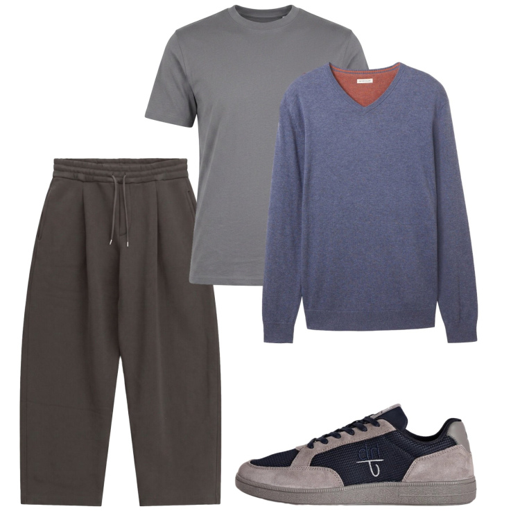 Outfit uomo - Ottobre sporty. Stile Urban per Tutti i giorni. Abbinamento con t-shirt, sneakers, pantaloni, maglieria.