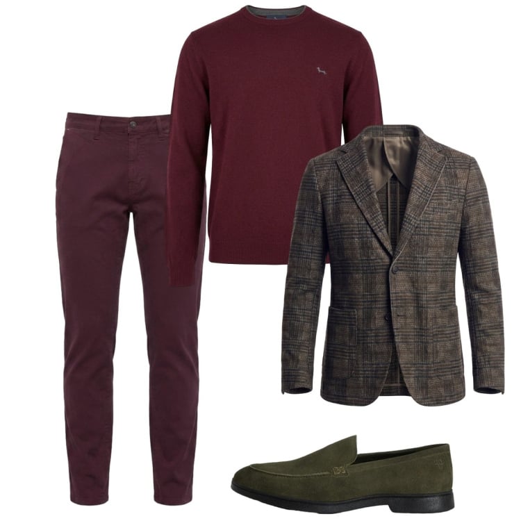 Outfit uomo - Ottobre wine. Stile Trendy per Serata speciale. Abbinamento con pantaloni, maglieria, scarpe stringate, giacche.