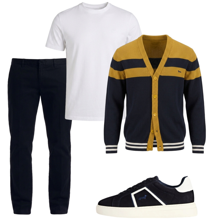 Outfit uomo - Ottobre. Stile Casual per Tutti i giorni. Abbinamento con sneakers, cardigans, t-shirt, pantaloni.