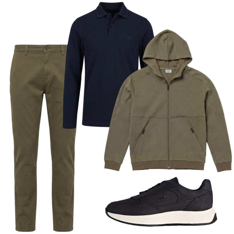 Outfit uomo - Autunno. Stile Casual per Tutti i giorni. Abbinamento con sneakers, pantaloni, polo, felpe con cappuccio.