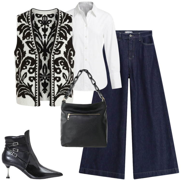 Outfit donna - Ottobre. Stile Casual chic per Tutti i giorni. Abbinamento con borse a spalla, jeans, gilet, camicie, stivaletti.