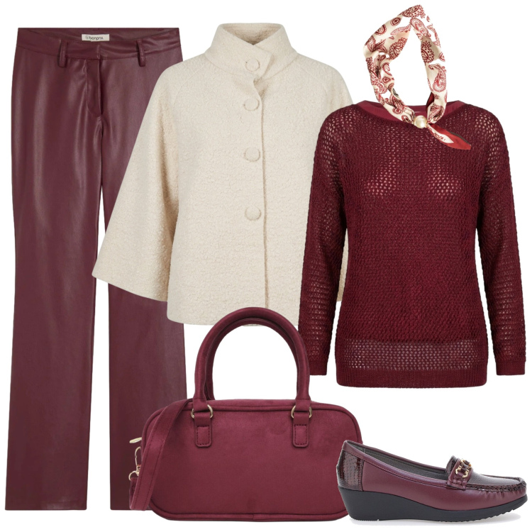 Outfit donna - Un look raffinato per l'apericena. Stile Casual chic per Serata fuori. Abbinamento con maglieria, foulard, cappe, borse a tracolla, mocassini, pantaloni.
