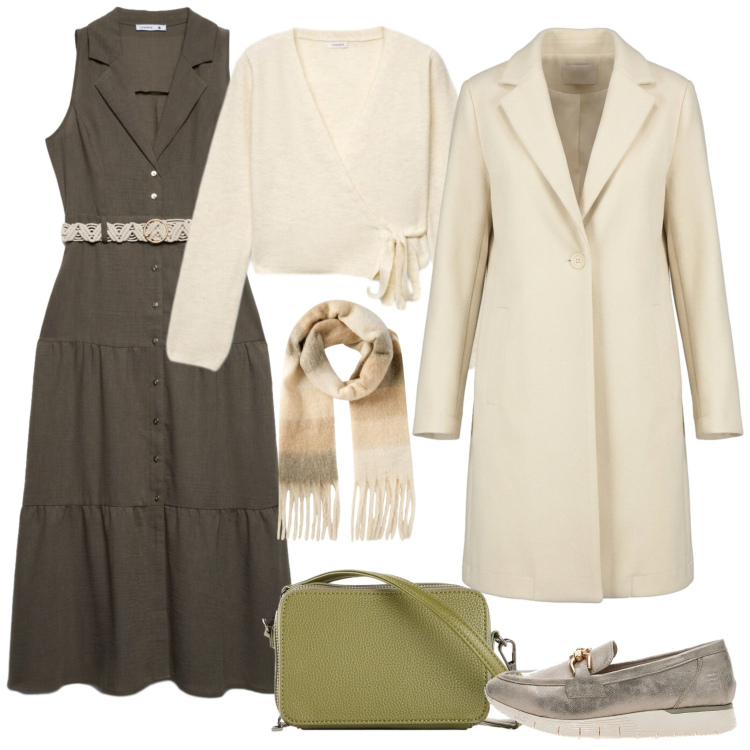 Outfit donna - Vestire a strati per la mezza stagione. Stile Chic per Serata fuori. Abbinamento con cappotti, cardigans, sciarpe, vestiti chemisier, mocassini, borse a tracolla.