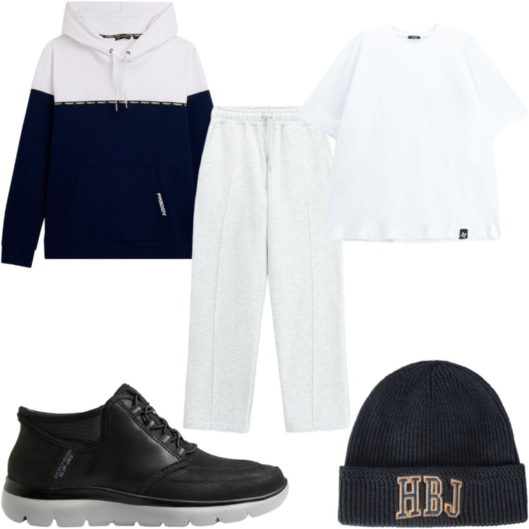 Outfit uomo - Total look #2498613. Stile Casual per Tutti i giorni. Abbinamento con berretti, pantaloni, t-shirt, felpe con cappuccio, sneakers.