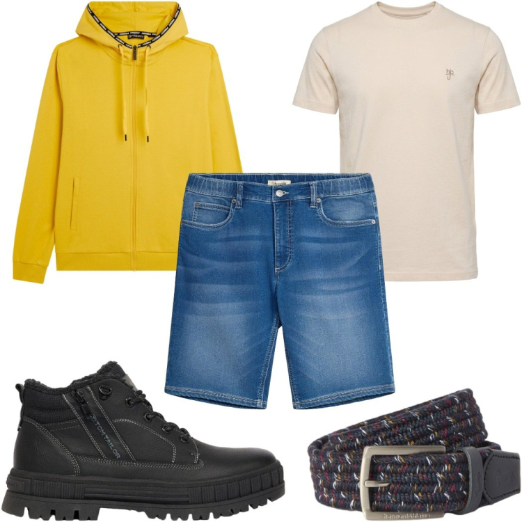 Outfit uomo - Total look #2498614. Stile Casual per Tutti i giorni. Abbinamento con t-shirt, cinture, felpe con cappuccio, bermuda, stivali e stivaletti.