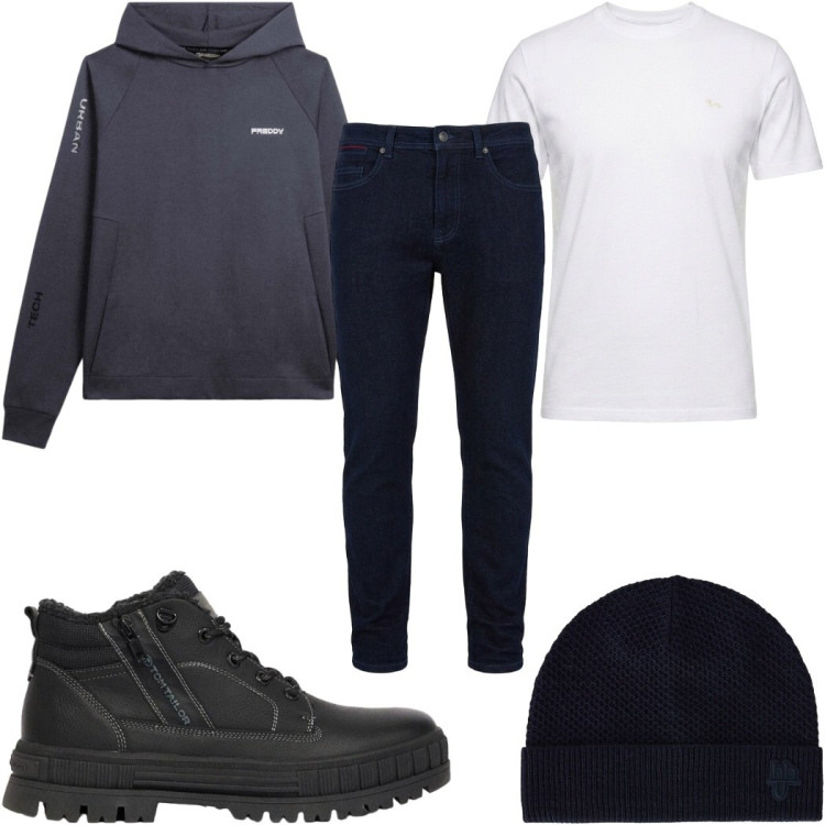 Outfit uomo - Total look #2498616. Stile Casual per Tutti i giorni. Abbinamento con t-shirt, berretti, jeans slim fit, felpe con cappuccio, stivali e stivaletti.