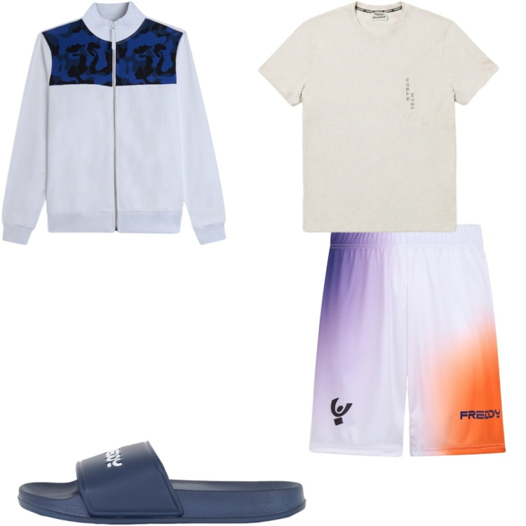 Outfit uomo - Total look #2498617. Stile Trendy per Tutti i giorni. Abbinamento con felpe, sandali, t-shirt, pantaloni corti.