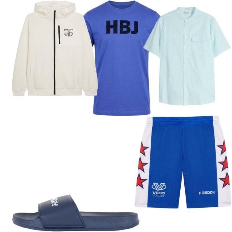 Outfit uomo - Total look #2498618. Stile Trendy per Tutti i giorni. Abbinamento con t-shirt, felpe con cappuccio, sandali, pantaloni corti, camicie a manica corta.
