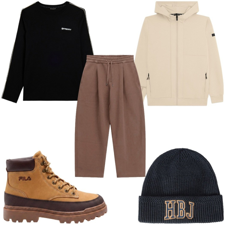 Outfit uomo - Total look #2498620. Stile Casual per Tutti i giorni. Abbinamento con berretti, pantaloni, t-shirt, felpe con cappuccio, stivali e stivaletti.