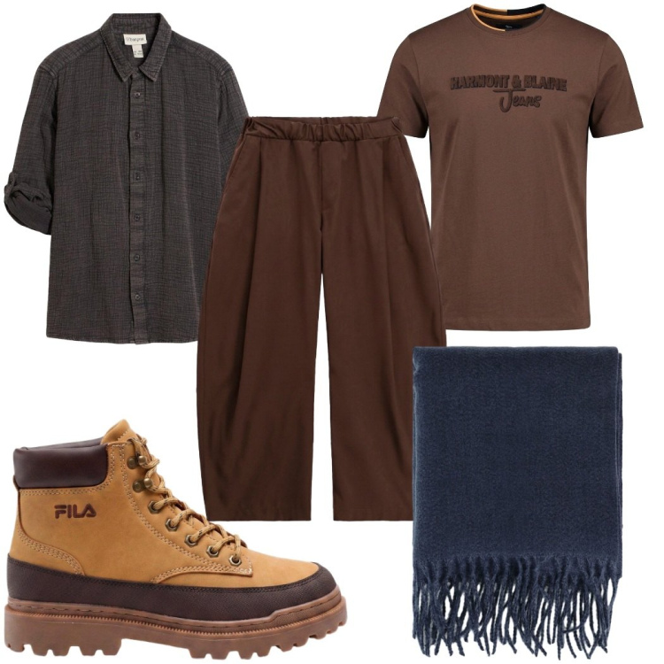 Outfit uomo - Total look #2498622. Stile Trendy per Tutti i giorni. Abbinamento con t-shirt, pantaloni, sciarpe, stivali e stivaletti, camicie.
