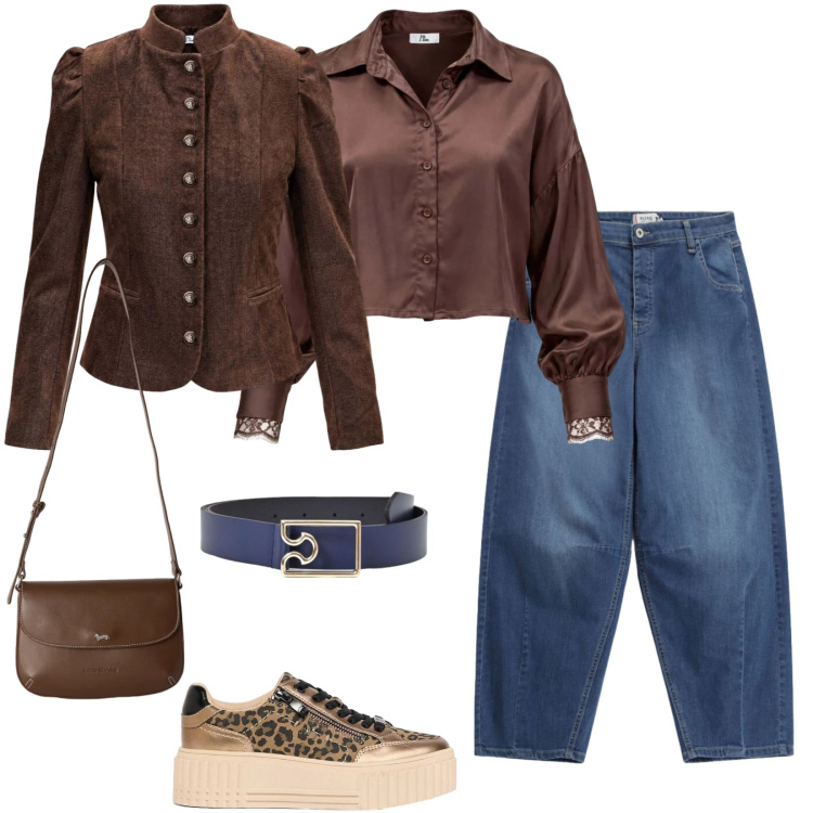 Outfit donna - Total look #2498626. Stile Casual per Tutti i giorni. Abbinamento con blazer, camicie, borse a tracolla, jeans, cinture, sneakers.