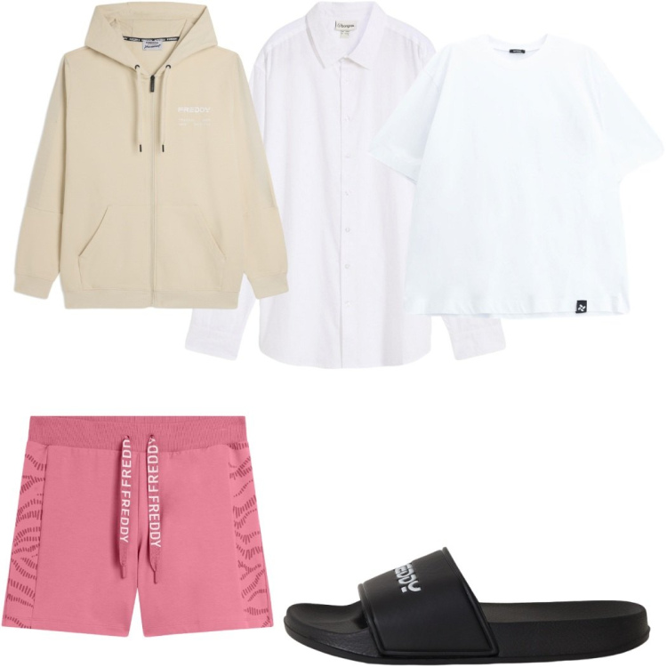Outfit uomo - Total look #2498628. Stile Trendy per Tutti i giorni. Abbinamento con t-shirt, shorts, felpe con cappuccio, sandali, camicie.