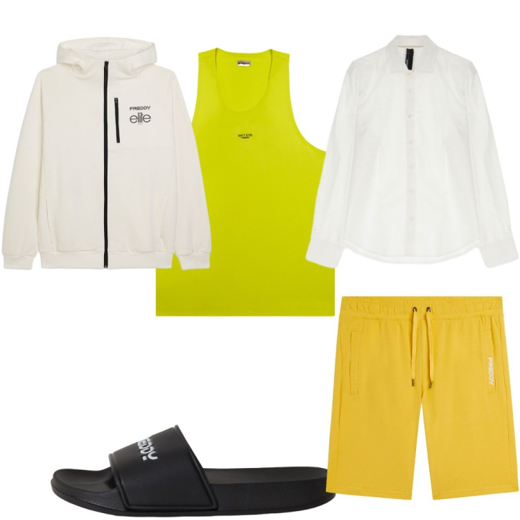 Outfit uomo - Total look #2498630. Stile Trendy per Tutti i giorni. Abbinamento con camicie, pantaloni corti, felpe con cappuccio, canottiere, sandali.
