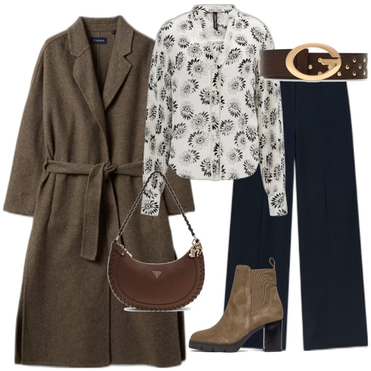 Outfit mujer - Casual chic #15149. Estilo Casual chic para Oficina. Combinación con botines, bolsos de hombro, cinturones, pantalones, abrigos, blusas.
