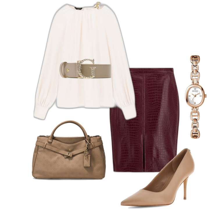 Outfit mujer - Chic #10303. Estilo Chic para Oficina. Combinación con salones, bolsos de hombro, blusas, cinturones, minifaldas, relojes analógicos.