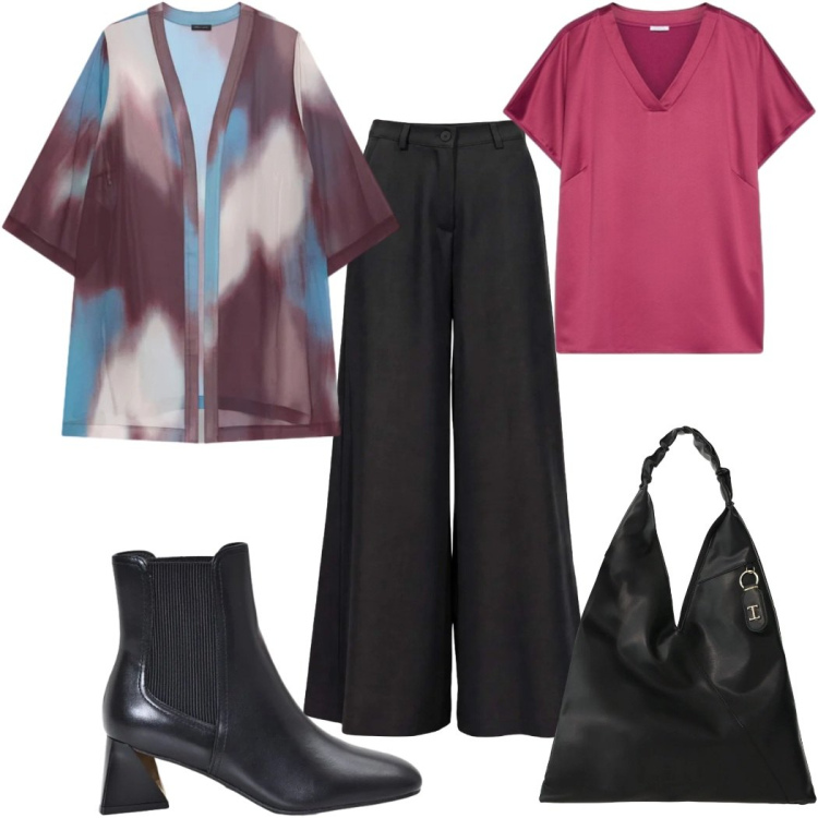 Outfit donna - Total look #2498657. Stile 70s per Tutti i giorni. Abbinamento con pantaloni a palazzo, borse a spalla, t-shirt, kimono, stivaletti.