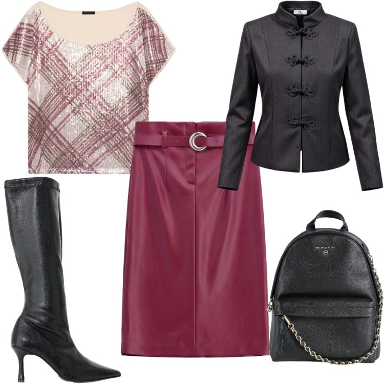 Outfit donna - Total look #2498659. Stile Trendy per Tutti i giorni. Abbinamento con blazer, gonne longuette, stivali, t-shirt, zaini.
