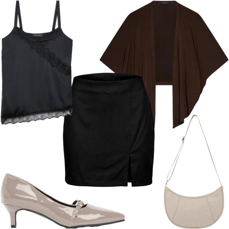 Outfit donna - Total look #2498660. Stile Casual chic per Serata fuori. Abbinamento con minigonne, top, blazer, borse a spalla, décolleté.
