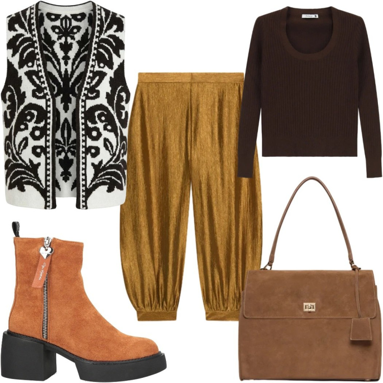 Outfit donna - Total look #2498661. Stile Etnico per Tutti i giorni. Abbinamento con pantaloni, borse a mano, gilet, maglieria, stivaletti.