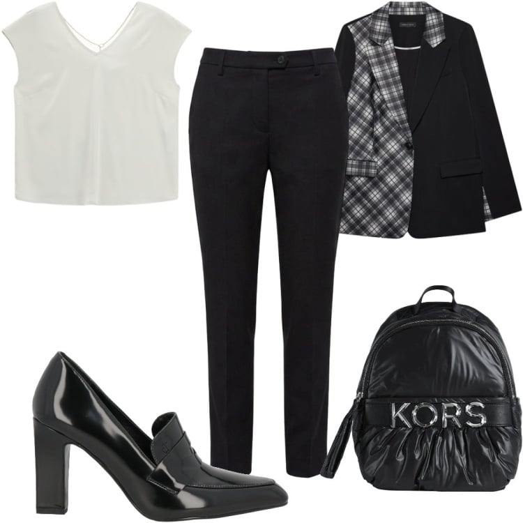 Outfit donna - Total look #2498662. Stile Casual per Ufficio. Abbinamento con pantaloni, t-shirt, blazer, zaini, mocassini.