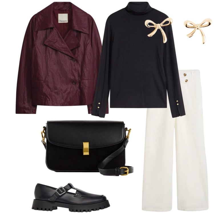 Outfit donna - Ottobre in bianco. per Scuola/Università. Abbinamento con maglieria, pantaloni, blazer, orecchini, borse a mano, mocassini.