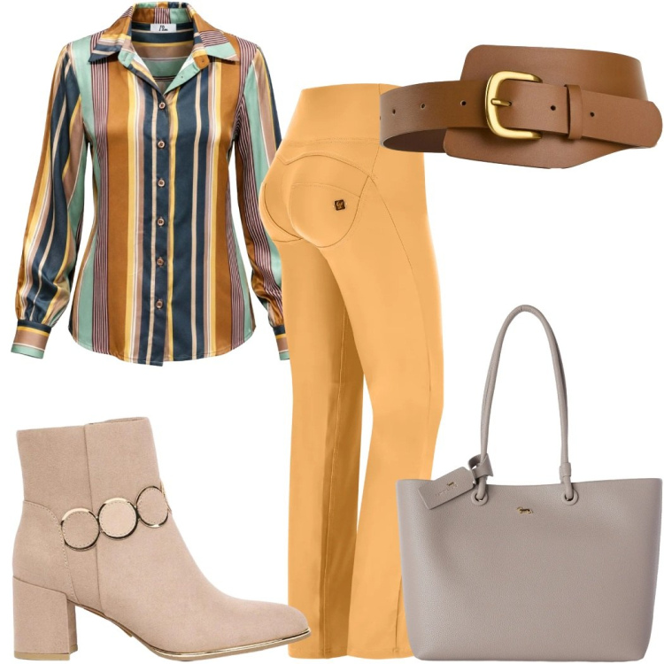 Outfit donna - Total look #2498665. Stile 70s per Tutti i giorni. Abbinamento con camicie, shopping bag, pantaloni, cinture, stivaletti.