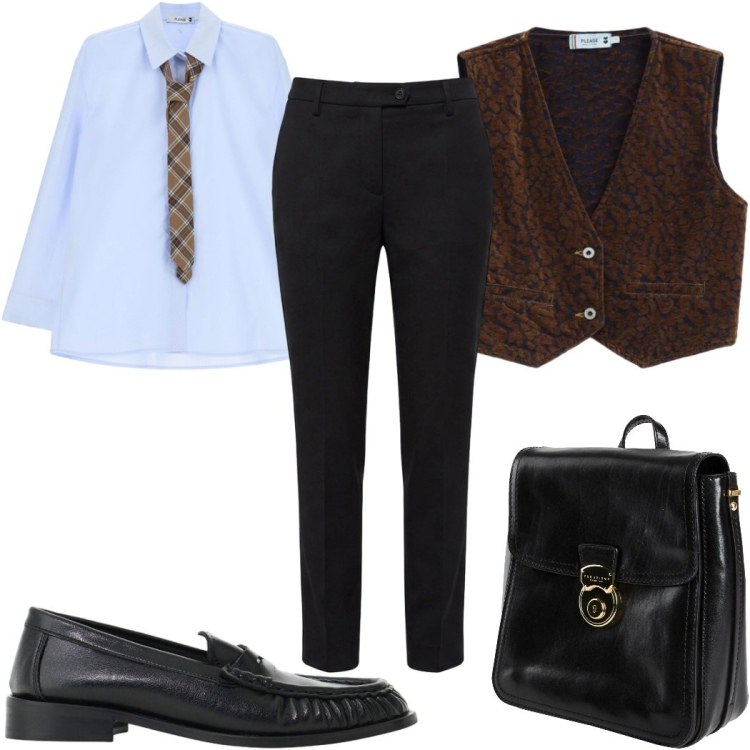 Outfit donna - Total look #2498666. Stile Mannish per Ufficio. Abbinamento con pantaloni, mocassini, gilet, camicie, zaini.