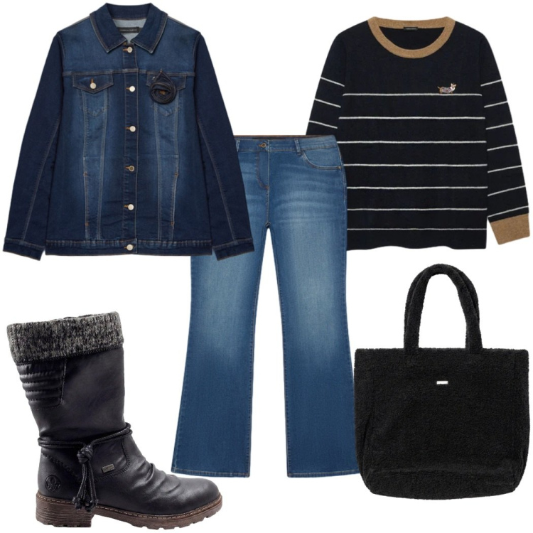 Outfit donna - Total look #2498668. Stile Casual per Tutti i giorni. Abbinamento con maglieria, cappotti, jeans bootcut, borse a mano, stivali.