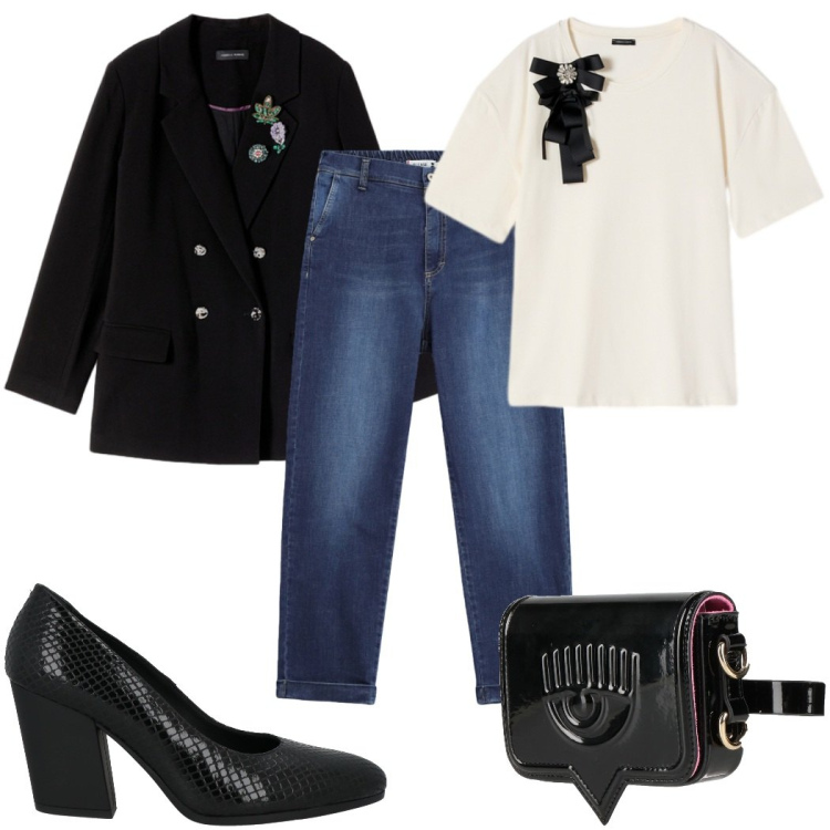 Outfit donna - Total look #2498669. Stile Casual chic per Tutti i giorni. Abbinamento con t-shirt, blazer, jeans dritti, décolleté, marsupi.