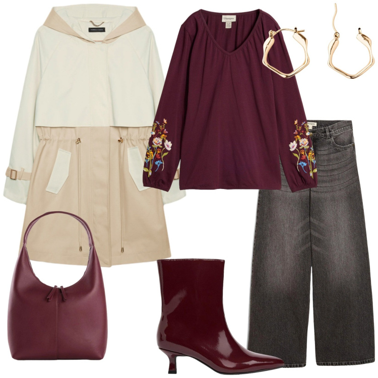 Outfit donna - Domenica mattina. per Tutti i giorni. Abbinamento con trench, maglieria, orecchini, jeans, stivaletti, borse a mano.