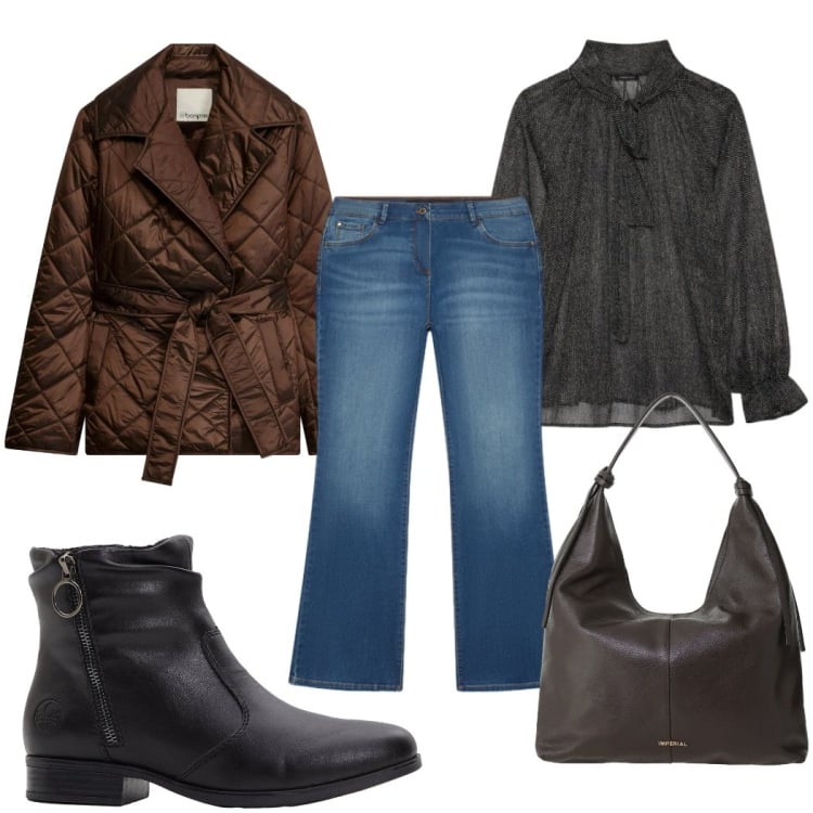 Outfit donna - Total look #2498672. Stile Casual per Tutti i giorni. Abbinamento con borse a spalla, jeans bootcut, bluse, giacche, stivaletti.