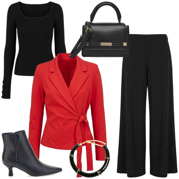 Outfit donna - Osa il rosso. Stile Chic per Tutti i giorni. Abbinamento con blazer, pantaloni a palazzo, collane, maglieria, borse a tracolla, stivaletti.